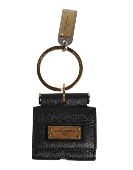 Étui pour Airpods Dolce &amp; Gabbana avec bracelet en cuir noir et plaque logo en métal doré