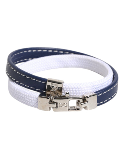 Bracelet Dolce &amp; Gabbana en cuir bleu et blanc avec fermoir argenté gravé DG
