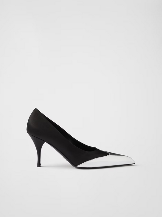 Escarpins Prada en satin noir et cuir métallisé argent