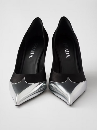 Escarpins Prada en satin noir et cuir métallisé argent