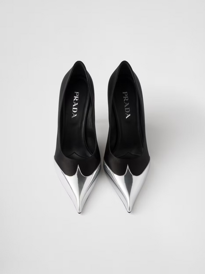 Escarpins Prada en satin noir et cuir métallisé argent