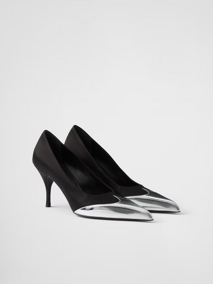 Escarpins Prada en satin noir et cuir métallisé argent