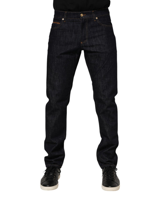 Jean en denim bleu foncé avec plaque logo Dolce &amp; Gabbana pour homme