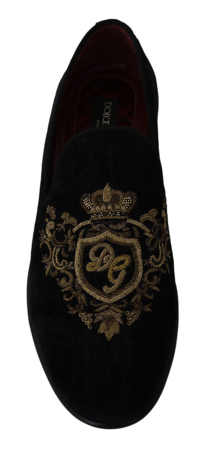 Mocassins Dolce &amp; Gabbana en velours noir avec couronne dorée