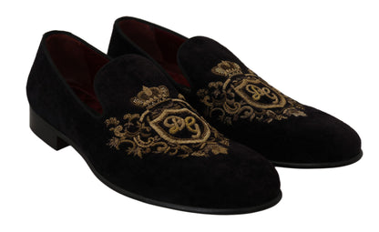 Mocassins Dolce &amp; Gabbana en velours noir avec couronne dorée