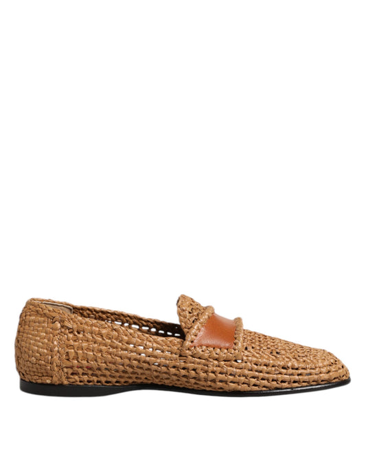 Mocassins à enfiler en raphia tressé marron Dolce &amp; Gabbana