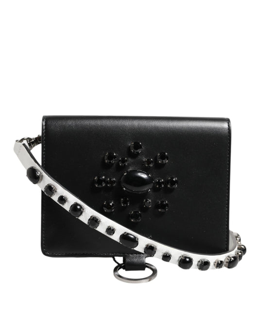 Portefeuille porte-cartes Dolce &amp; Gabbana en cuir noir orné de cristaux