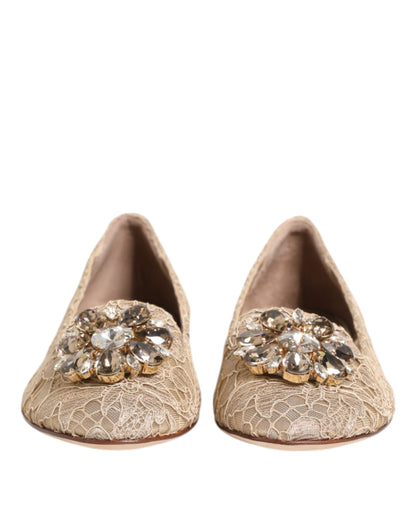 Chaussures plates Dolce &amp; Gabbana ivoire Taormina en dentelle et cristaux