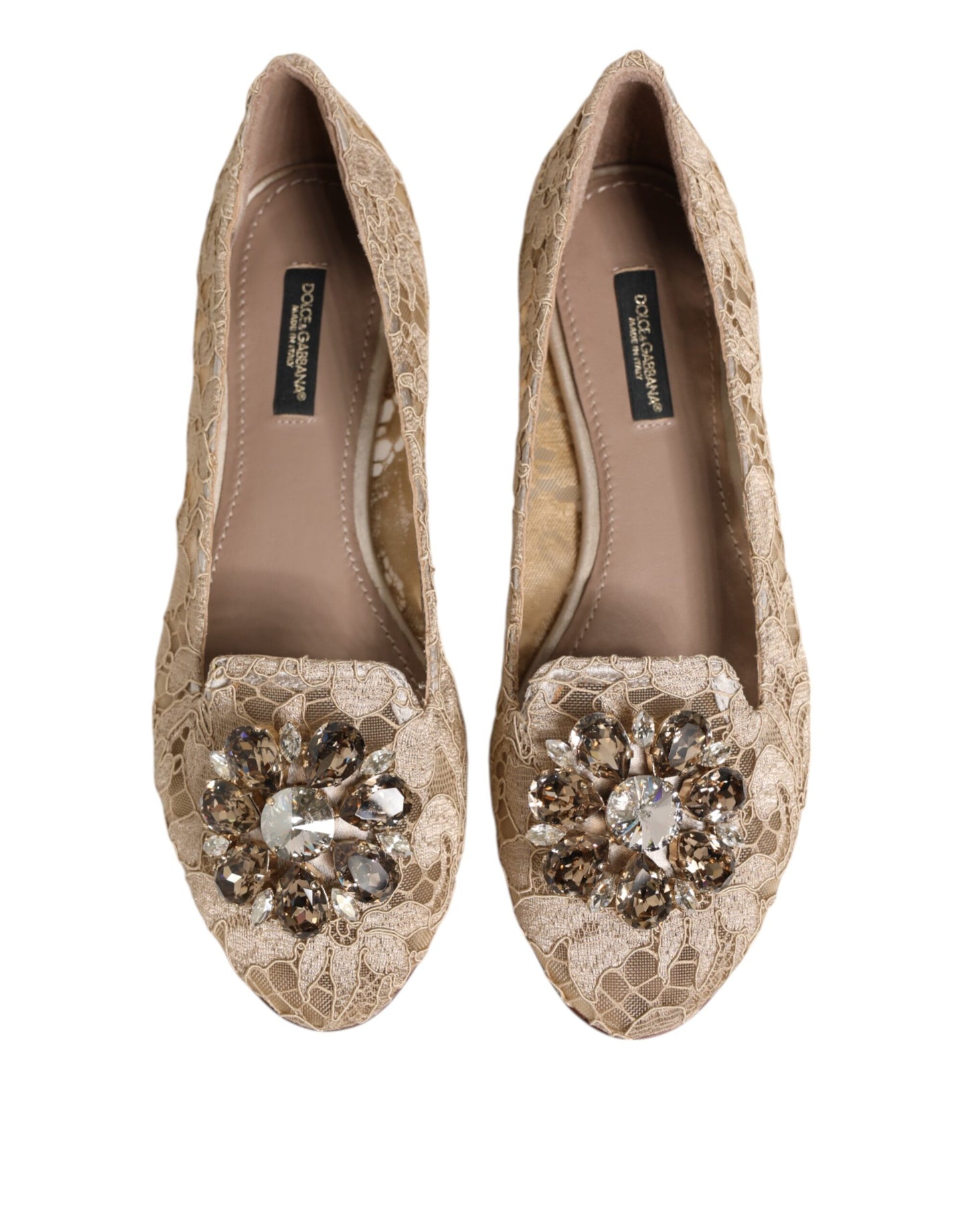 Chaussures plates Dolce &amp; Gabbana ivoire Taormina en dentelle et cristaux