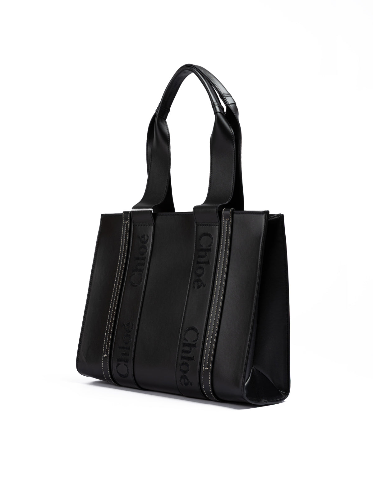 Sac fourre-tout moyen en cuir noir avec logo brodé Woody de Chloé