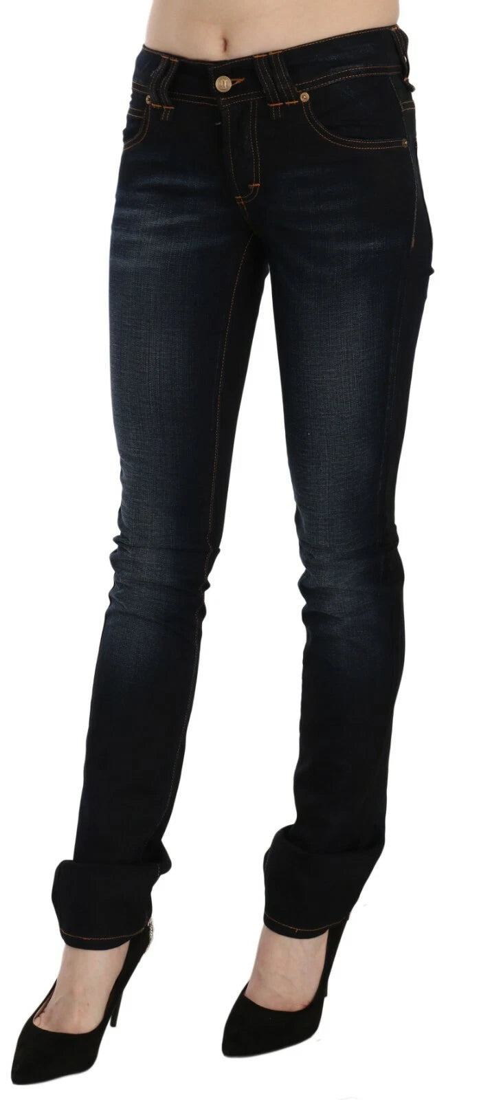 Pantalons en jean décontractés, coupe slim, taille mi-haute, bleu foncé.