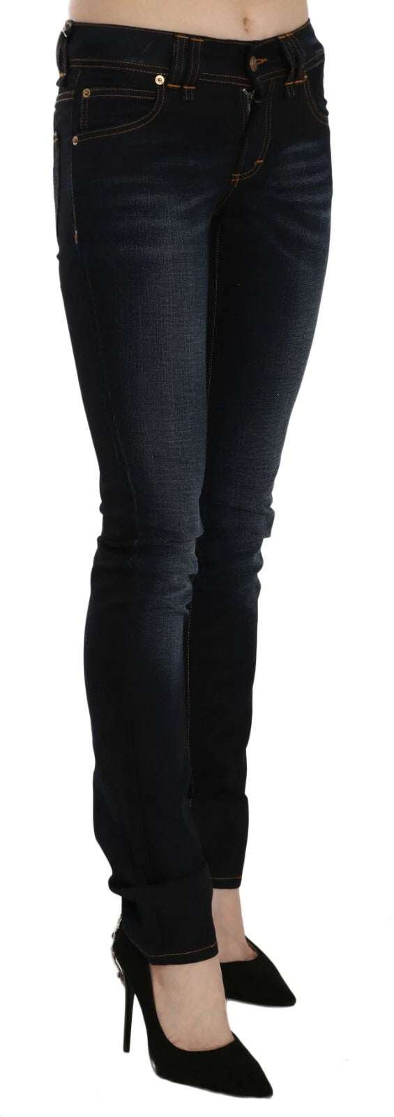 Pantalons en jean décontractés, coupe slim, taille mi-haute, bleu foncé.