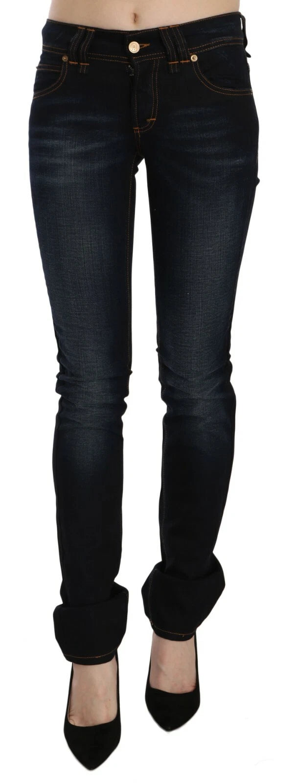 Pantalons en jean décontractés, coupe slim, taille mi-haute, bleu foncé.