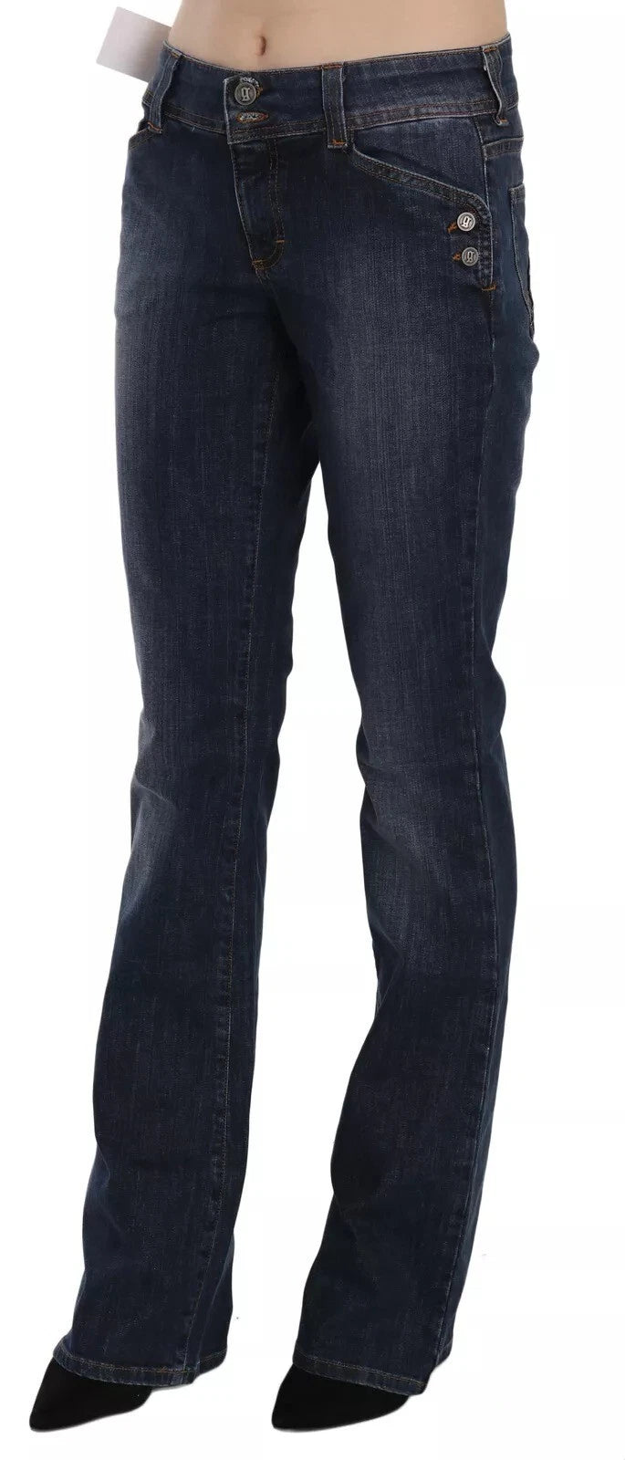 Jeans en jean délavé bleu, taille mi-hauteur, pattes d'eph, style décontracté.