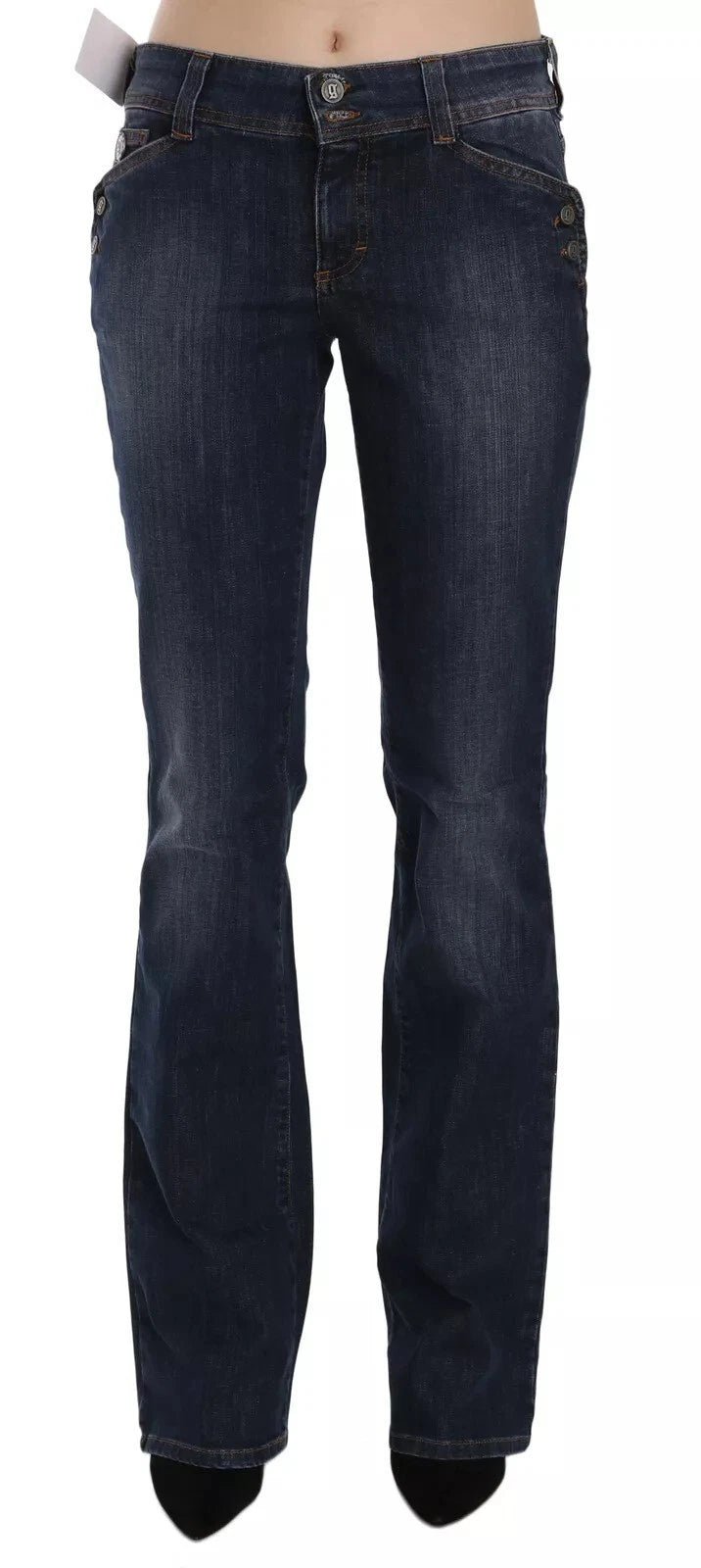 Jeans en jean délavé bleu, taille mi-hauteur, pattes d'eph, style décontracté.